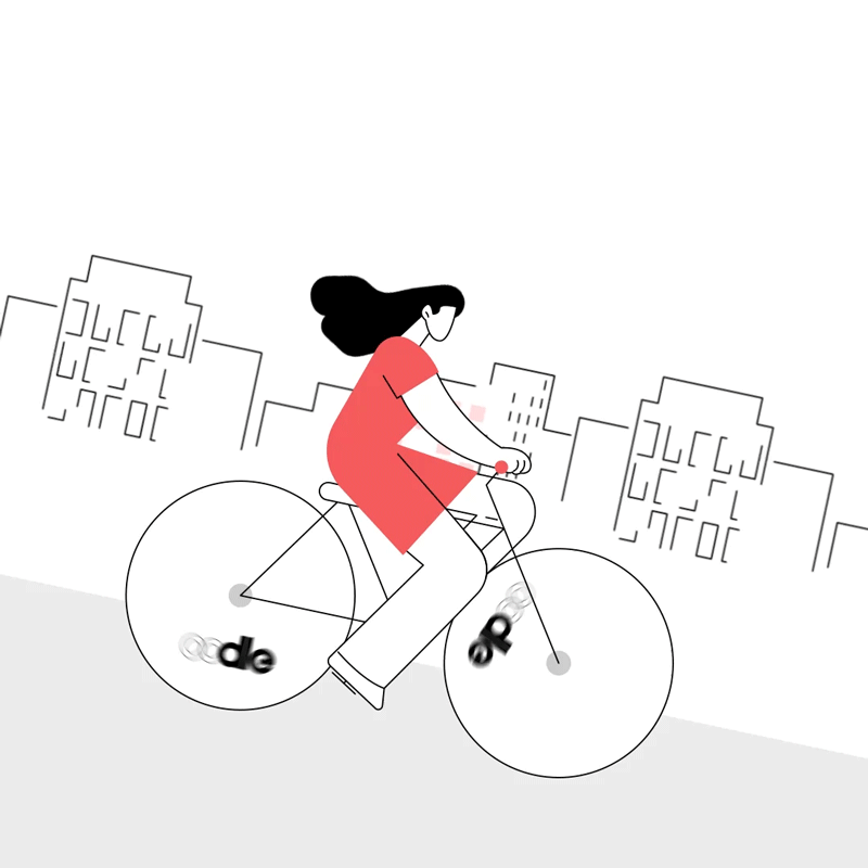 A cartoon animation of a woman on a bicycle
