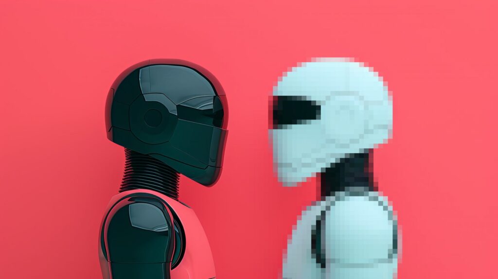 A graphic image of two robots looking at each other, one is vectored and one is rastorised or pixilated to show the difference