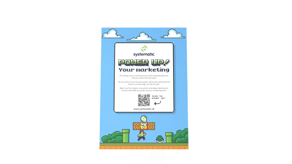 An animated gif showing a two sided postcard designed for Systematic
