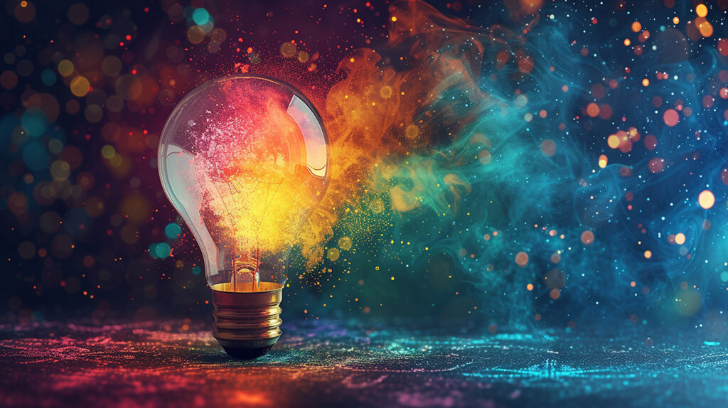 A graphic image of a lightbulb with a colourful backdrop