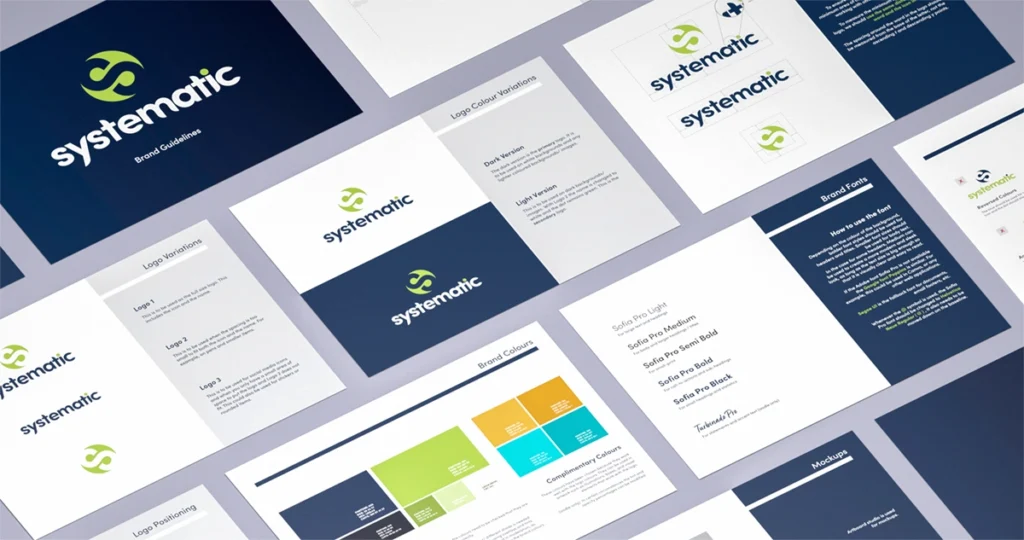 A selection of brand assets for Systematic, including the brand guidelines