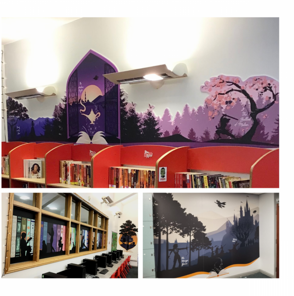 A photo of designed and printed wall graphics at a school library