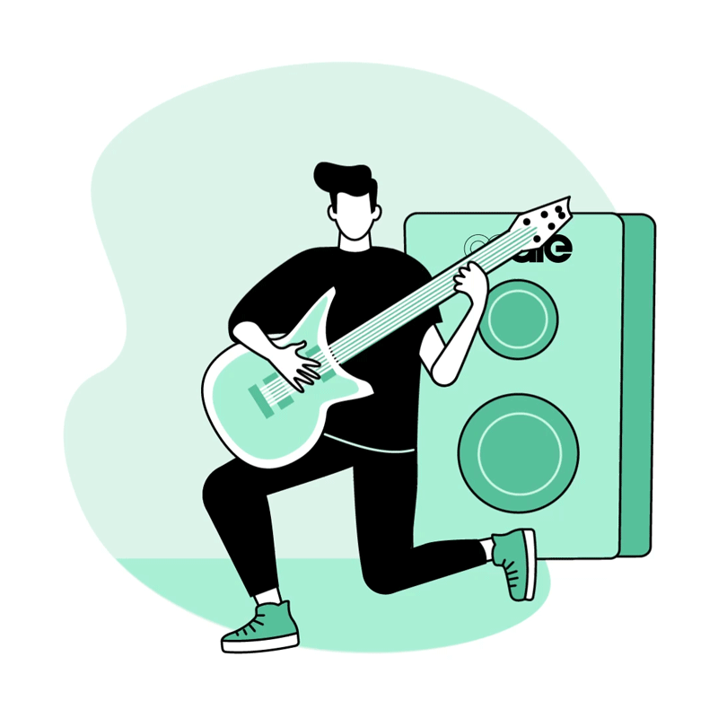 A cartoon animation of a man playing guitar with large speaker behind