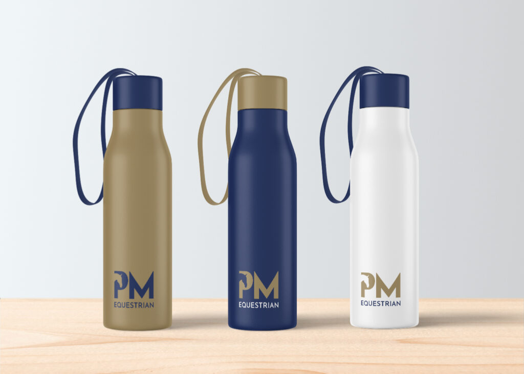 A graphic representation of three PM Equestrian branded water bottles